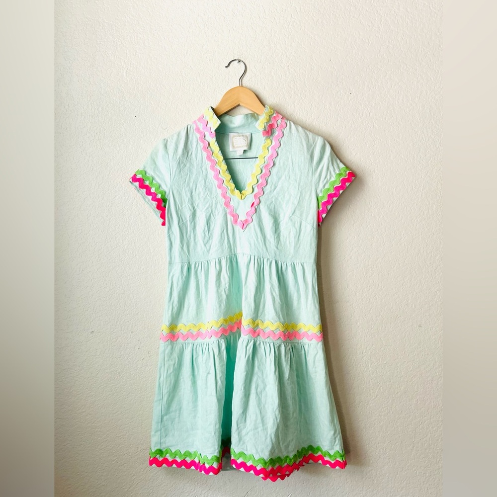 Sail to Sable Linen Blend Tunic Dress Mint Green with Pink + Yellow Trim Size XS